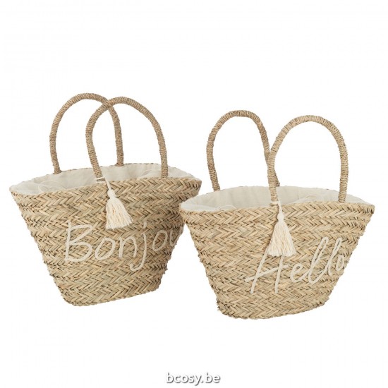 J Line Strandtas Bonjour Hello Kwast Jute Naturel Wit L49xB38xH51 cm strandtassen JO33256.