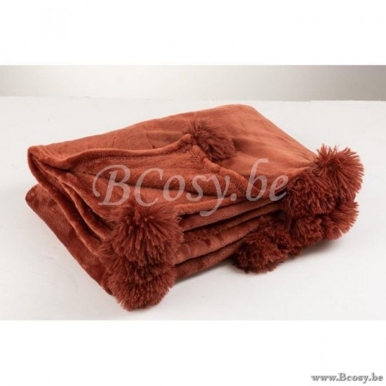 J Line 3486 Plaid Pompom Polyester Marsala 130x170 plaids deken dekens dekentjes quilts met franjes