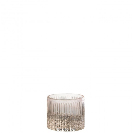 J Line Theelichthouder Geribbeld Glas Roze Small T theelichten theelichthouders waxinelichten JO35146.