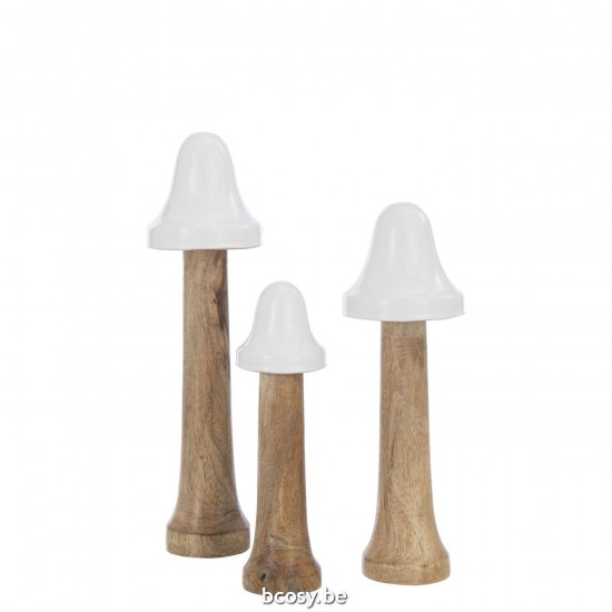 J Line Set 3 Funghi Fini Legno Naturale Bianco Set De 3 Champinones Fino Madera Natural Blanco.
