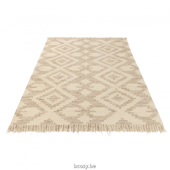 J Line Tapijt Etnisch Patronen Franjes Wol Katoen Creme Beige vloertapijten vloerkleed vloerkleden JO41711.