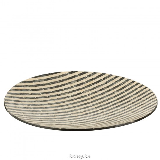J Line Plateau Rond Strepen Zeeschelpen Mdf Zwart Wit kommen schalen schaal JO43895.