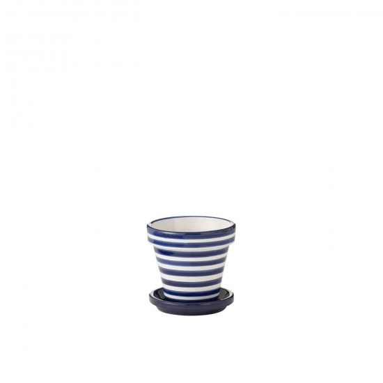 Jline Flowerpot Plate Granada Stripes Handmade Painted Ceramic Cobalto Blue Small.