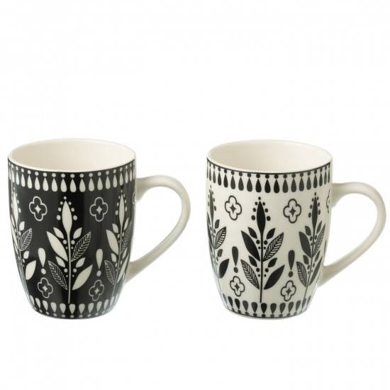 Jline Caja 2 Tazas Mug Hojas Ceramica Negra Blanca.
