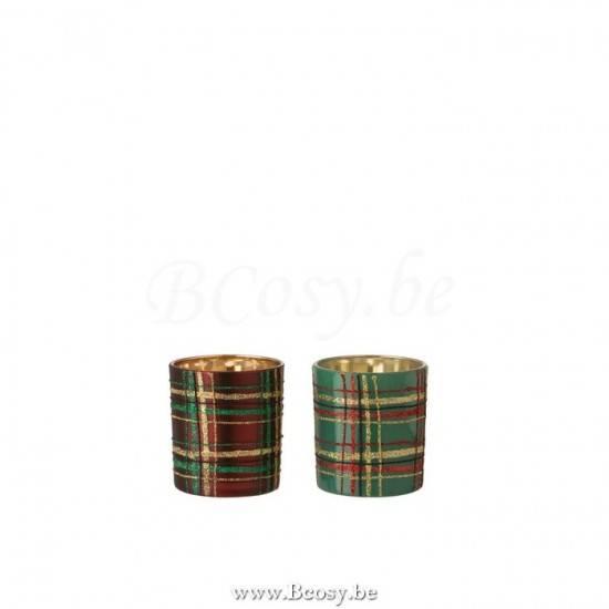 J Line Jline Tealight Holder Checkered Glass Red Green Small Assortment Of 2 tea lights holders