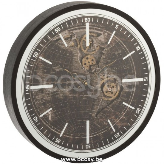 J Line 12100 Klok Wereldkaart Mdf Antiiek Goud Zwart Small L48xB8xH48 klokken wandklokken muurklokken