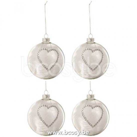 Jline Caja De 4 Bolas De Navidad Corazon Strass Plata Pluma Blanco Cristal Claro Medium