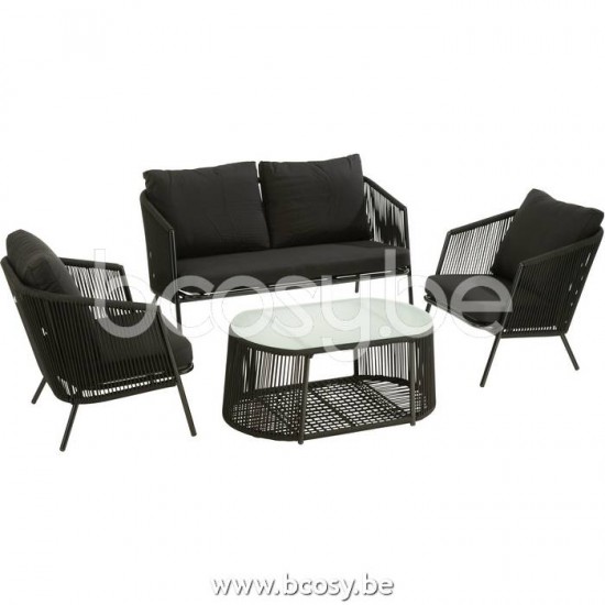 J Line 20720 Set Eli 4P Zetels Tafels Kussens Metaal Touw Zwart L142xB82xH86 cm relax