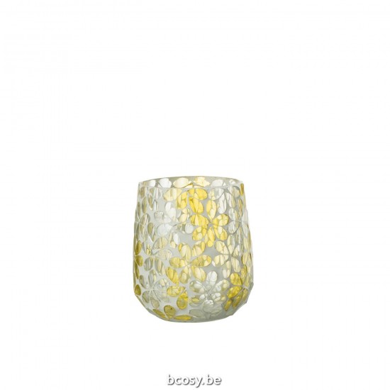 Jline Windlicht Bloemen Glas Geel Zilver Medium.