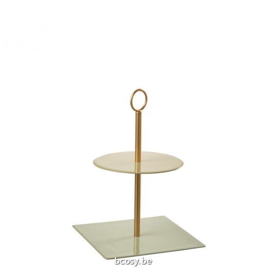J Line Voedselstand Rond Vierkant Metaal Groen Goud L18xB18xH26 cm etageres taartplateaus taartschaal taartschalen voor taart JO33163.