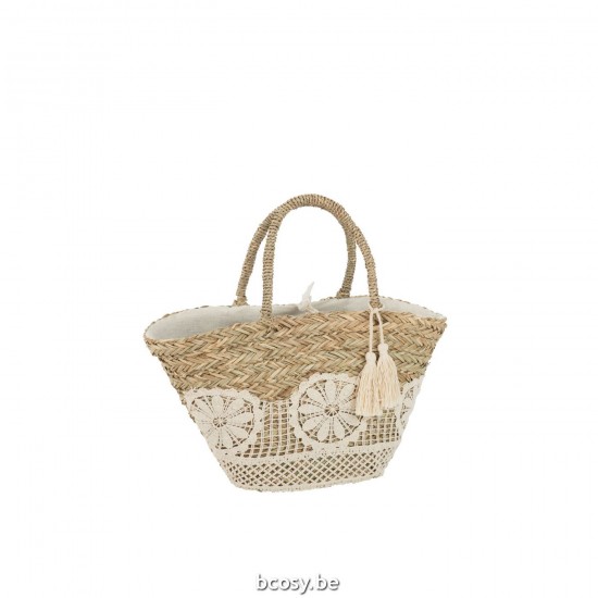 J Line Strandtas Kant Bloem Kwast Jute Naturel Wit L50xB19xH52 cm strandtassen JO33235.