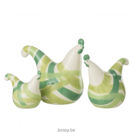 J Line poules coqs poulets statuettes Jolipa Set 3 Coqs Lignes Dolomie Vert Mix.