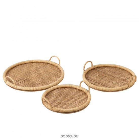 Jline Set Von 3 Tabletten Oval Rattan Metall Naturell Serviertabletts.