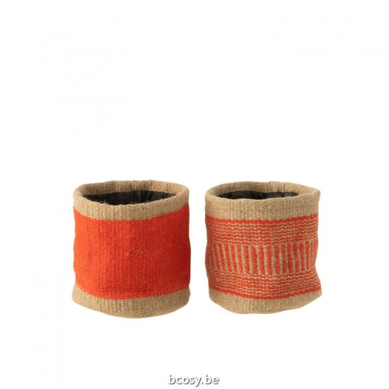 J Line Mand Rond Band Jute Naturel Oranje Medium korf korven manden opbergmanden JO41560.