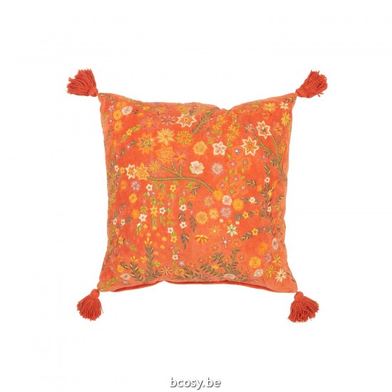 Jline Kussen Vierkant Bloemen Kwastjes Fluweel Oranje.