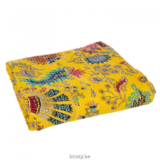 J Line Plaid Strand Mat Bloemen Hechtingen Katoen Geel Large plaids deken dekens dekentjes quilts JO41675.