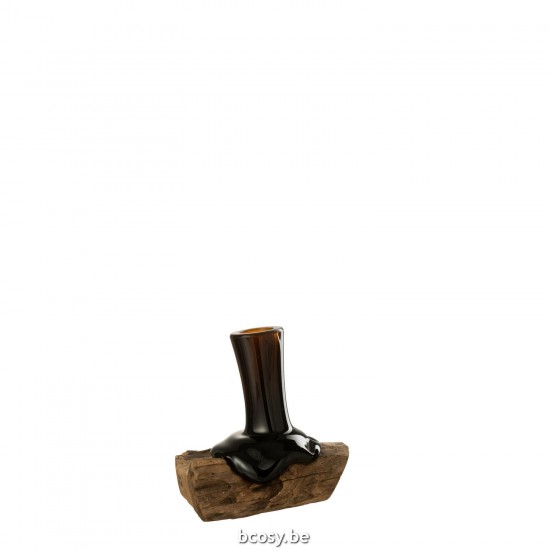 J Line Vaas Op Voet Hoog Gamal Hout Gerecycleerd Glas Natuur Bruin Small bloemvaas bloemenvaas siervaas bloemvazen bloemenvaz JO42339.