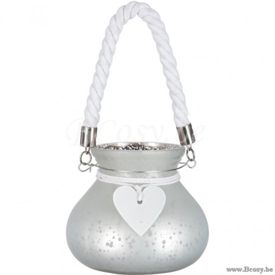 J Line 58476 Zilveren Glazen romantisch Valentijn Windlicht met Hart en Touw Wit en Zilver Ø15 windlichten