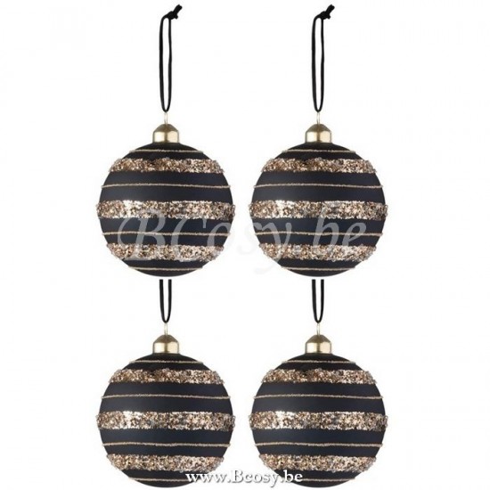 J Line 97614 Doos Van 4 Kerstballen Pailletten Glas Mat Zwart Goud Medium 10H kerstballen kerstbollen