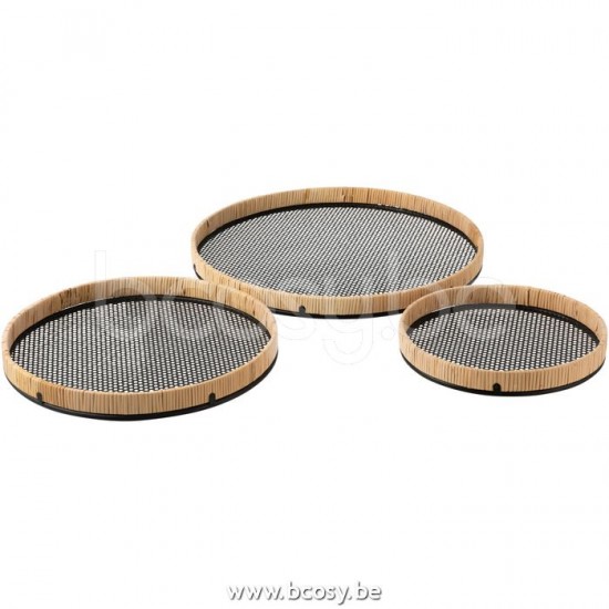 Jolipa J Line Jline Set De 3 Plateaux Rond Metal Rotin Noir Naturel