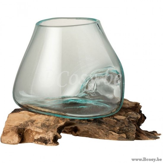 J Line 1731 Vaas Op Voet Gamal Hout Gerecycleerd Glass Naturel Transparant Large 20 bloemvaas bloemenvaas siervaas bloemvazen bloemenvazen siervazen