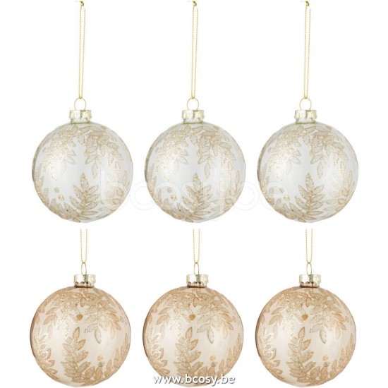 J Line 27115 Doos Van 6 Kerstballen 3 3 Blaadjes Glas Transparant Beige Goud Small L8xB8xH8 cm kerstballen kerstbollen