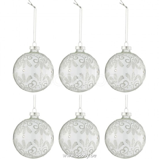 J Line 27737 Doos Van 6 Kerstballen Krullen Glitter Zilver Glas Transparant Small L8xB8xH8 cm kerstballen kerstbollen