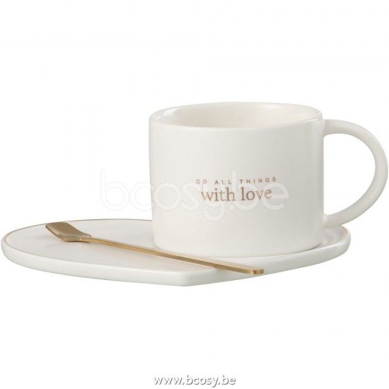 tasses de cafe Jolipa J Line Jline Tasse Soucoupe Cuillere Coeur Porcelain Anglais Blanc