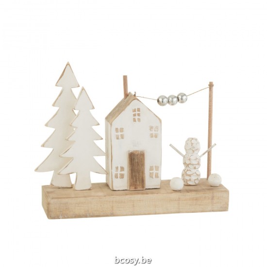 J Line Decoratie Huis Boom Parels Hout Naturel Wit kerststallen JO37882.