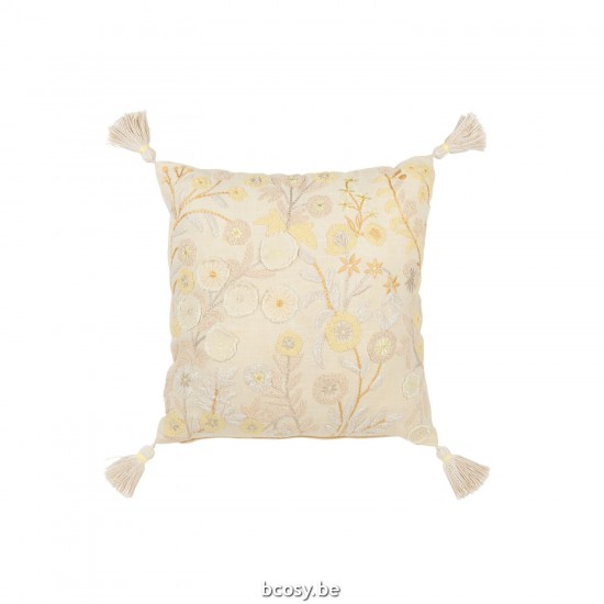 J Line Cushion Square Flowers Tassels Cotton Light Yellow cushion.