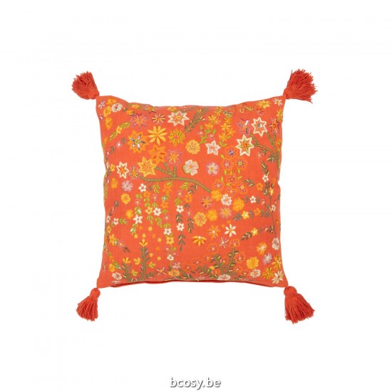 Jline Kissen Viereckig Blumen Quasten Baumwolle Orange kissen.