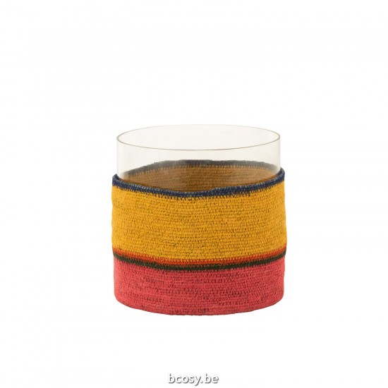 J Line photophores Jolipa Photophore Rond Lignes Verre Jonc De Mer Jaune Rose.