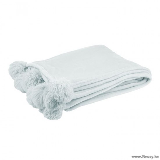 J Line 77491 plaid pompons ijsblauw j line Plaid Pompoms Ponpoms Ponpons Polyester Lichtblauw 130x170 plaids deken dekens dekentjes quilts met franjes