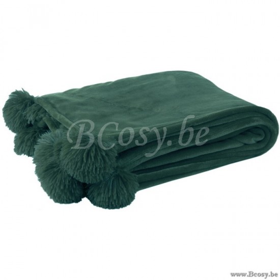 J Line 88507 pompons plaid donkermunt j line Plaid Pompom Polyester Donker Groen 170x130 plaids deken dekens dekentjes quilts