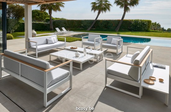 Diphano Landscape lounge chair with teak arms Aluminium White Frame All Weather Shine Fabric Armrests in Natural Teak.