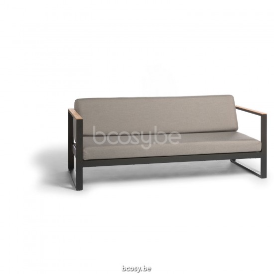 Diphano Landscape Modular 3-seater with teak arms Aluminium Lava Frame All Weather Brown Mêlé Fabric Armrests in Natural Teak.