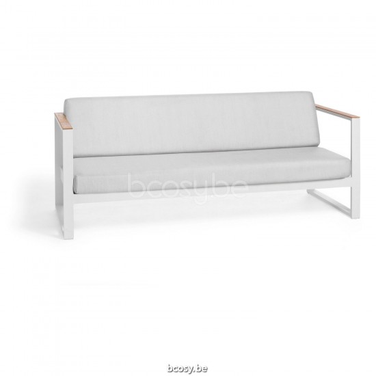 Diphano Landscape Modular 3-seater with teak arms Aluminium White Frame All Weather Shine Fabric Armrests in Natural Teak.