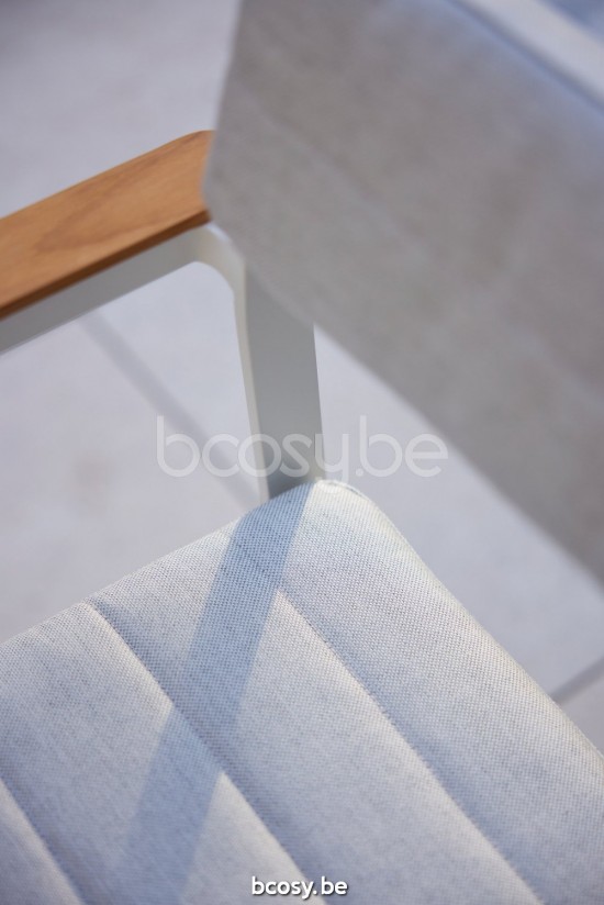 Diphano Metris Stackable dining armchair with teak arms Aluminium White Frame Armrests in Natural Teak.