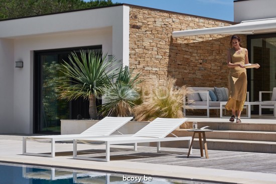 Diphano Metris Bain de soleil à roulettes Cadre Aluminium blanc Tissu double couche de Textylène blanc.