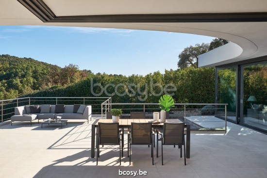 Diphano Coast Modular linke Ecke Doppelsitzbank Aluminium Lava Gestell Stoff Wetterfest Silver.