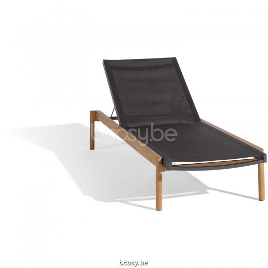 Diphano Newport Sunlounger with teak arms Aluminium Lava Frame Batyline Black Fabric Armrests in Natural Teak.
