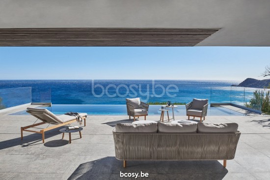 Diphano Newport sun beds loungers with teak arms PCA Coffee Batyline Sand Armrests in Natural Teak.