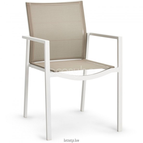 Diphano Alexa Stackable dining armchair Aluminium White Frame single layer Batyline Sand Fabric.