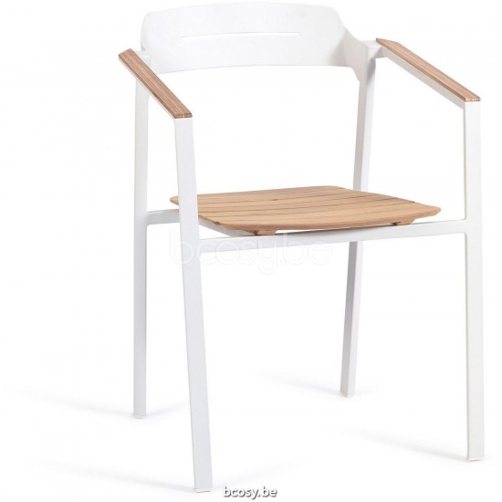 Diphano Icon Stackable dining armchair with teak arms Aluminium White Frame Armrests in Natural Teak.
