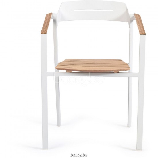Diphano Icon Stapelbare tuinstoel met teak armsteun Aluminium Wit Frame Armleuningen in Naturel Teak.