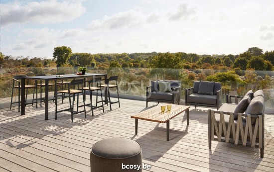 Diphano Icon garden outdoor counter chairs with teak arms 61h PCA Lava Armrests in Natural Teak.