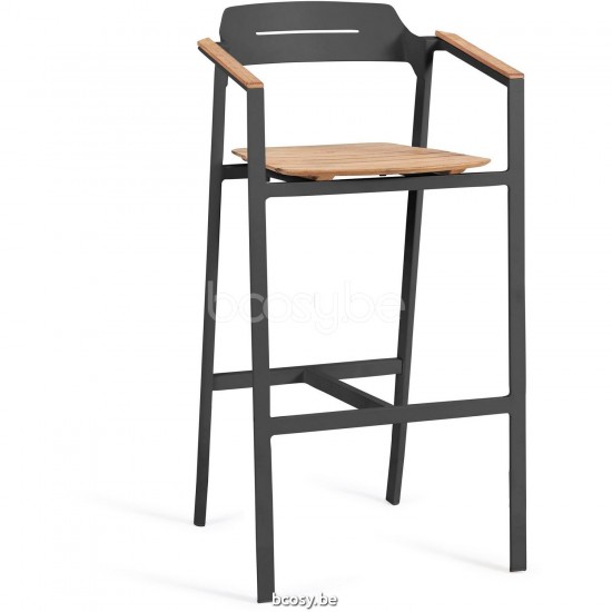Diphano Icon Stackable barstool with teak arms 77h Aluminium Lava Frame Armrests in Natural Teak.