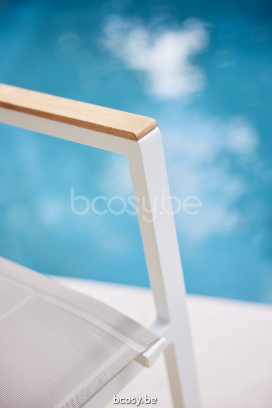 Diphano Selecta Stackable dining armchair with teak arms Aluminium White Frame single layer Batyline White Fabric Armrests in.