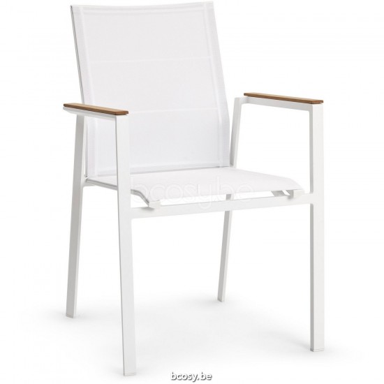 Diphano Selecta Stackable dining armchair with teak arms Aluminium White Frame single layer Batyline White Fabric Armrests in.