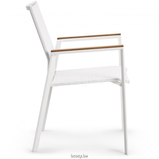 Diphano Selecta Stapelbare tuinstoel met teak armsteun Aluminium Wit Frame Stof enkele laag Batyline Wit Armleuningen in Natu.